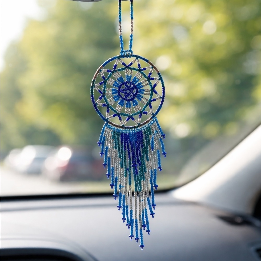 Boho Blue & Silver Beaded Mini Dreamcatcher – Car Charm / Bag Charm / Ornament